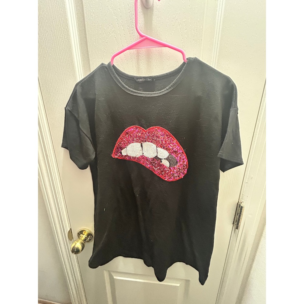 Y2K Glam Sequin Lips Graphic T Shirt Black Sparkle Bite Lip Top Small